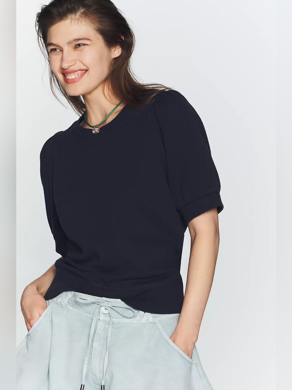 Pilcro Women's Short Sleeve puff sleeve sweatshirt t shirt  in Navy